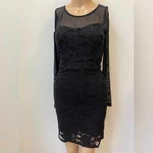 Monteau Black Lace Sheath Dress with Mesh Yoke